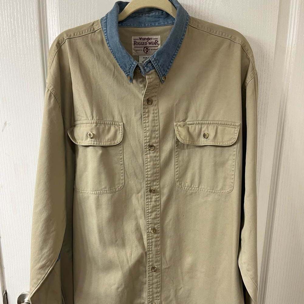 VTG 90s Wrangler Rugged Wear Shirt - Beige - Denim Collar Elbow Patches - 2XT